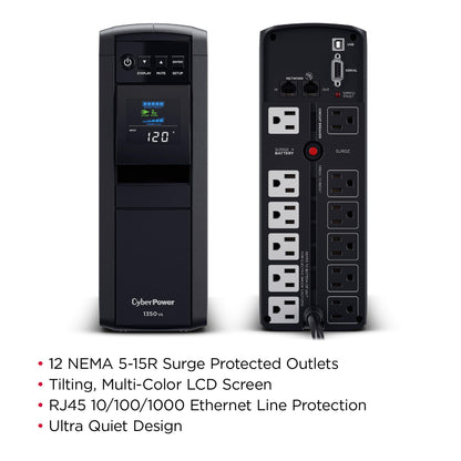 CyberPower CP1500PFCLCD PFC Sinewave UPS Battery Backup and Surge Protector, 1500VA/1000W, 12 Outlets, AVR, Mini Tower, UL Certified