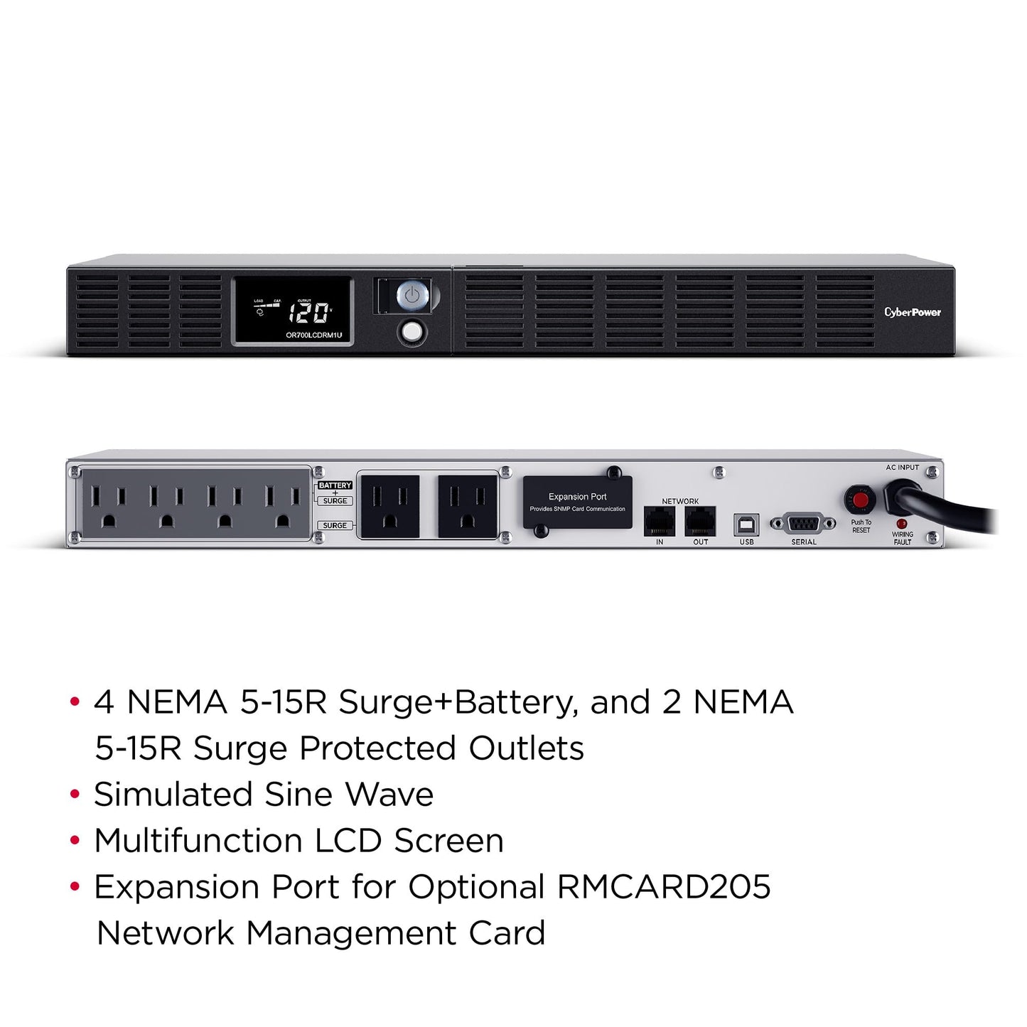 CyberPower OR500LCDRM1U Smart App LCD UPS Battery Backup and Surge Protector, 500VA/300W, 6 Outlets, AVR, 1U Rackmount, UL Certified