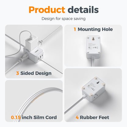 TESSAN Small Flat Plug Power Strip, Ultra Thin Extension Cord 5 ft, 3 AC Outlets with 3 USB Ports (1 USB C), Multiple Wall Outlet Extender for Cruise Travel Office School Dorm Room Essentials