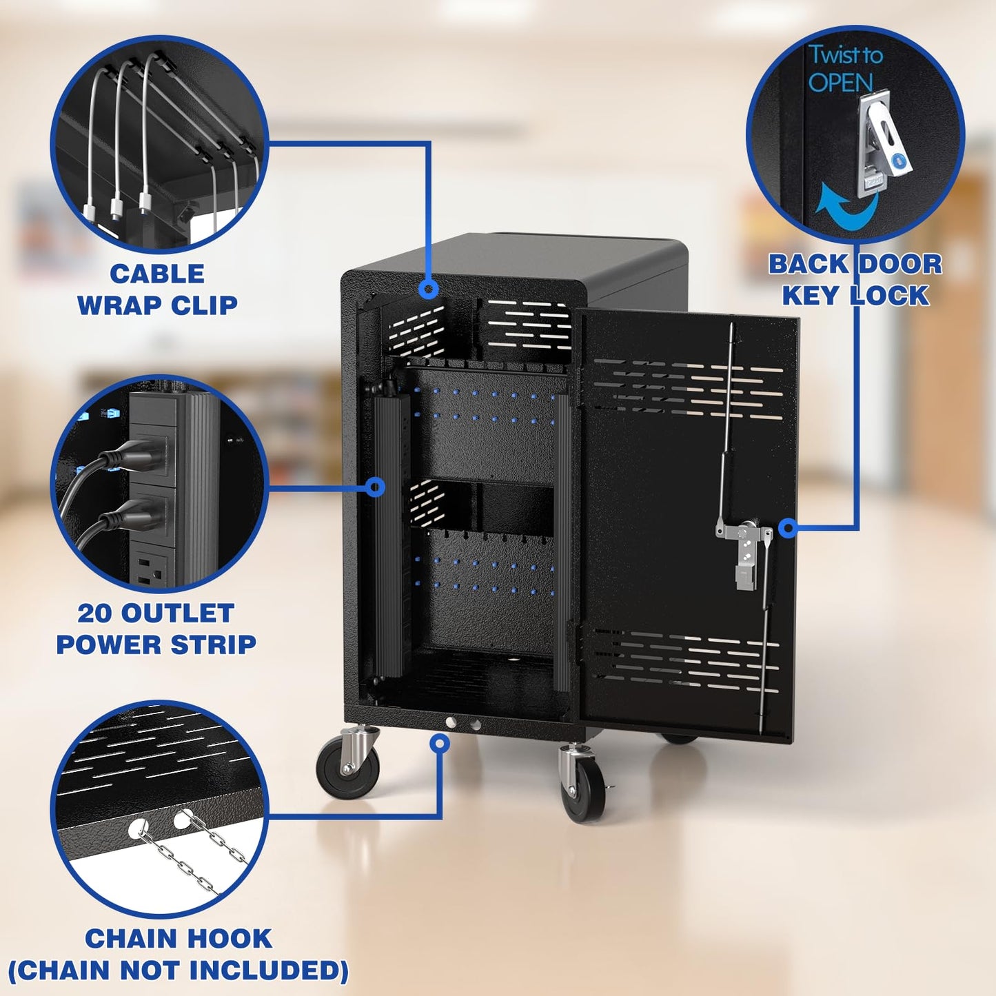 Fully Assembled 20 Devices Laptop Charging Cart - Tablet Storage Cart for Chromebook iPad, Mobile Laptop Charging Station for Classroom Office - Includes Cable Management & Detachable Door, Black