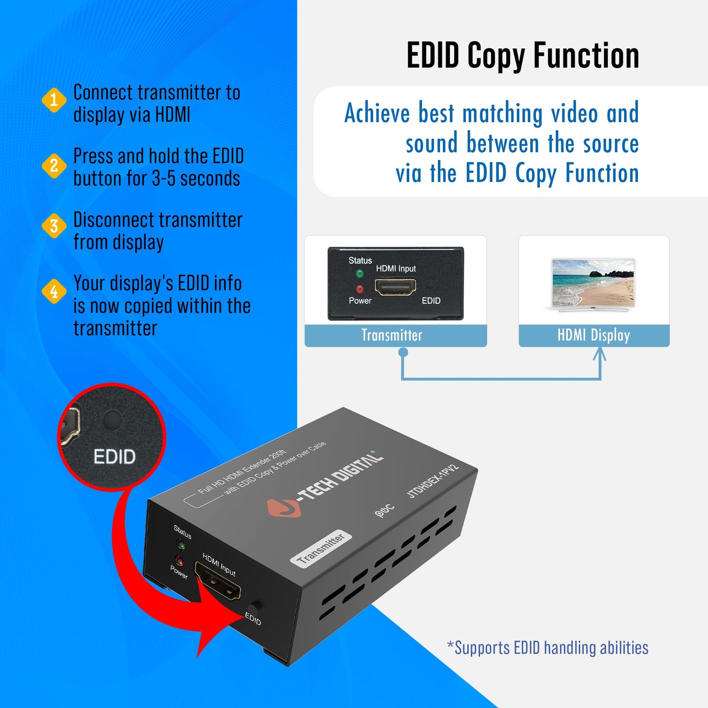 J-Tech Digital HDMI Extender over cat5e/6 1080P@200ft HDMI Balun Over Single Ethernet Supports EDID Copy Compatible with Dolby Digital DTS