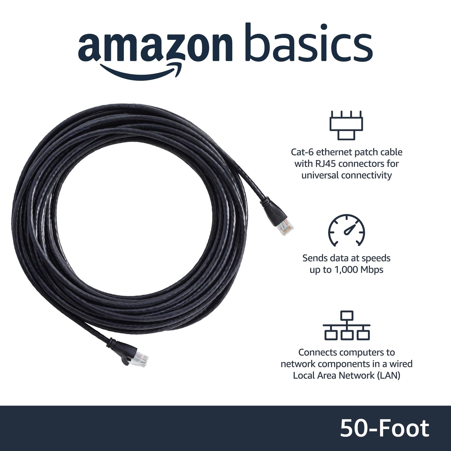 Amazon Basics RJ45 Cat-6 Ethernet Patch Internet Cable, 1Gbps Transfer Speed, Gold-Plated Connectors, Universal Connectivity for PC, TV, Tablet, Router, Printer, 5 Foot, Black
