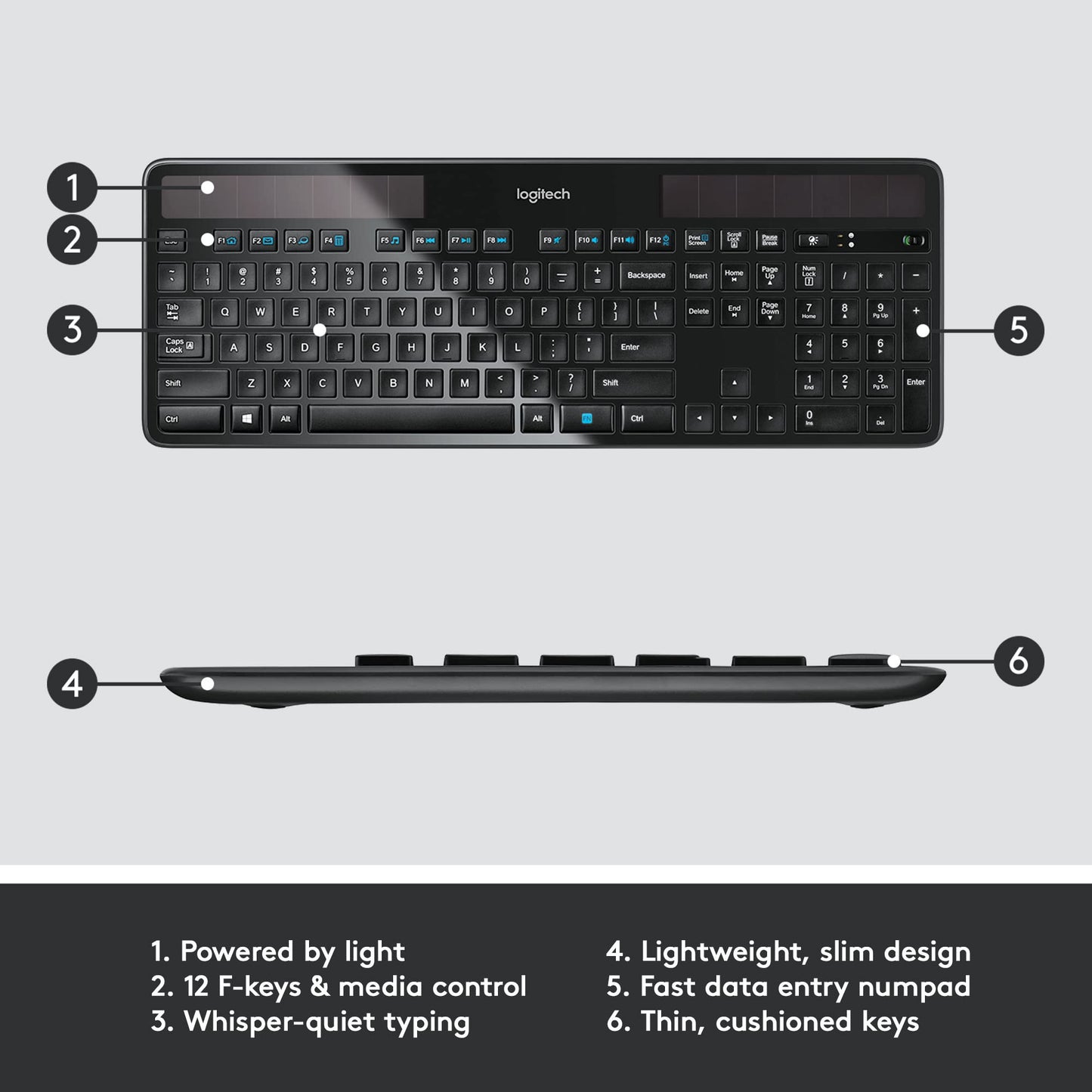 Logitech K750 Wireless Solar Keyboard for Windows, 2.4GHz Wireless with USB Unifying Receiver, Ultra-Thin, Compatible with PC, Laptop - Black