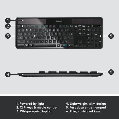 Logitech K750 Wireless Solar Keyboard for Windows, 2.4GHz Wireless with USB Unifying Receiver, Ultra-Thin, Compatible with PC, Laptop - Black