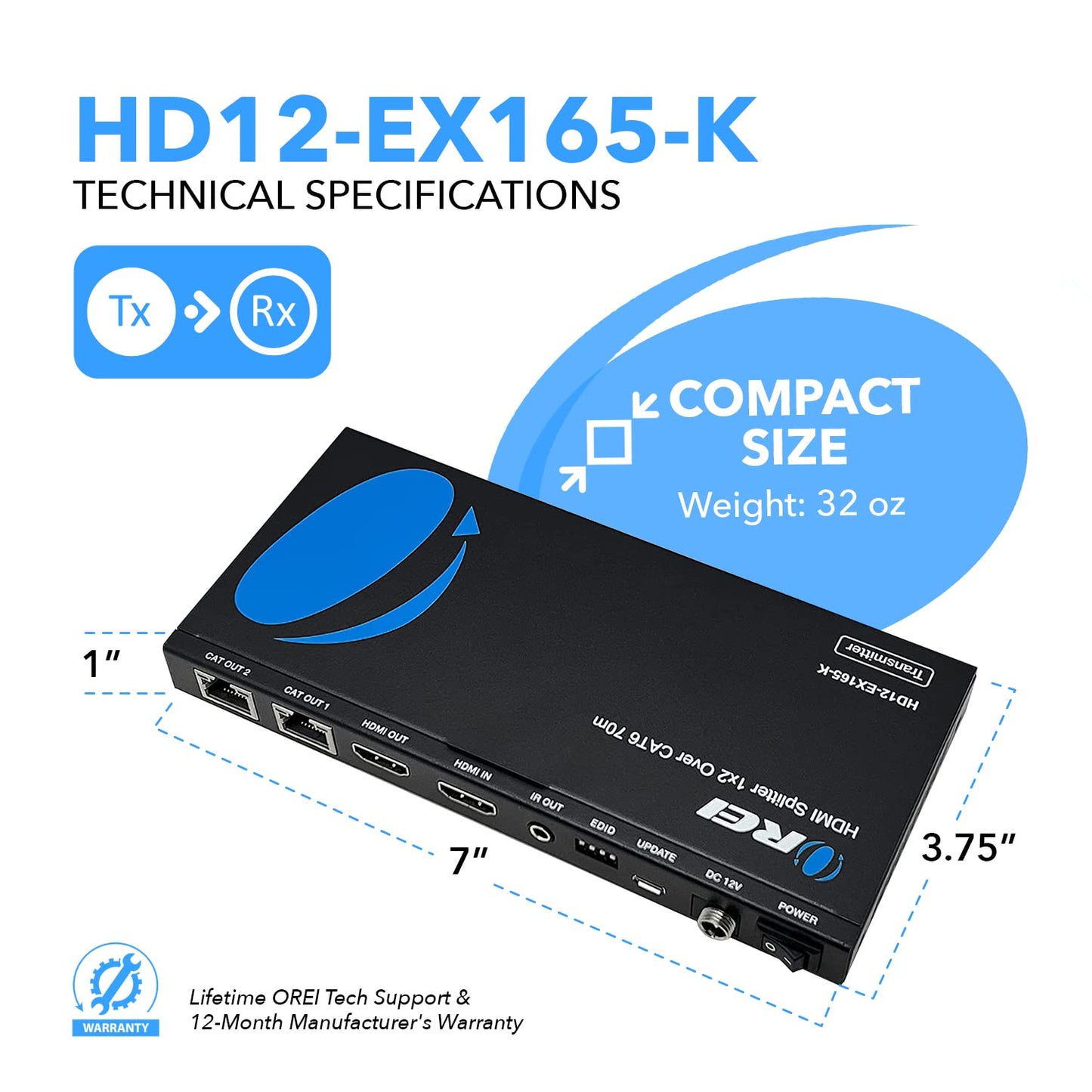 OREI 4K HDMI Extender over ethernet CAT5/CAT6/CAT7 Up To 165 Feet At 1080@60hz - HDMI 1.4 & HDCP 1.4 Compliant with One Way IR Pass Through, HDMI Loop Output & Power Over Cable
