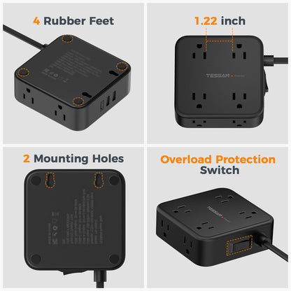 TESSAN Surge Protector Power Strip, 5 Ft Flat Plug Extension Cord with 3 USB (1 USB C) 8 Outlets, 1250W, 900J Protection, 3 Sided Outlet Extender with Power Switch for Office, Dorm Room, Grey