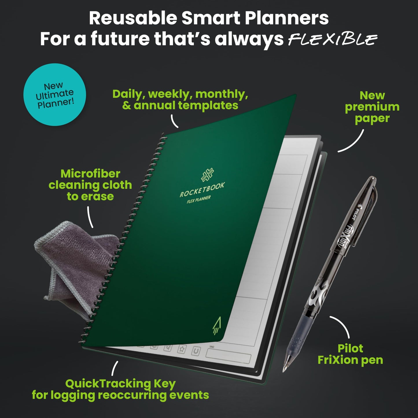 Rocketbook Fusion Hybrid Reusable Planner and Notebook in One, Additional Blank Pages, Goal and Project Tracker, Undated Planner, Letter Size 8.5x11, Black (Pack of 1)