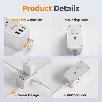 TESSAN Small Flat Plug Power Strip, Ultra Thin Extension Cord 5 ft, 3 AC Outlets with 3 USB Ports (1 USB C), Multiple Wall Outlet Extender for Cruise Travel Office School Dorm Room Essentials