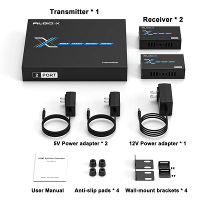 ALGOX 328ft/100m 4K@30Hz HDMI Extender Splitter 1 in 2 Out Over CAT6/6e/7(T-568B) Supports Loop Out, EDID Copy, HDR10, Dolby Vision, 3D Video, Plug and Play, Easy to Install