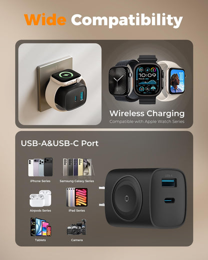 Charging Blocks for Apple Watch, 3-in-1 PD 20W USB C Charger Block with Built-in Wireless Smart Watch Charging, Dual Ports Wall Charger Compatible with iPhone,AirPods,iWatch