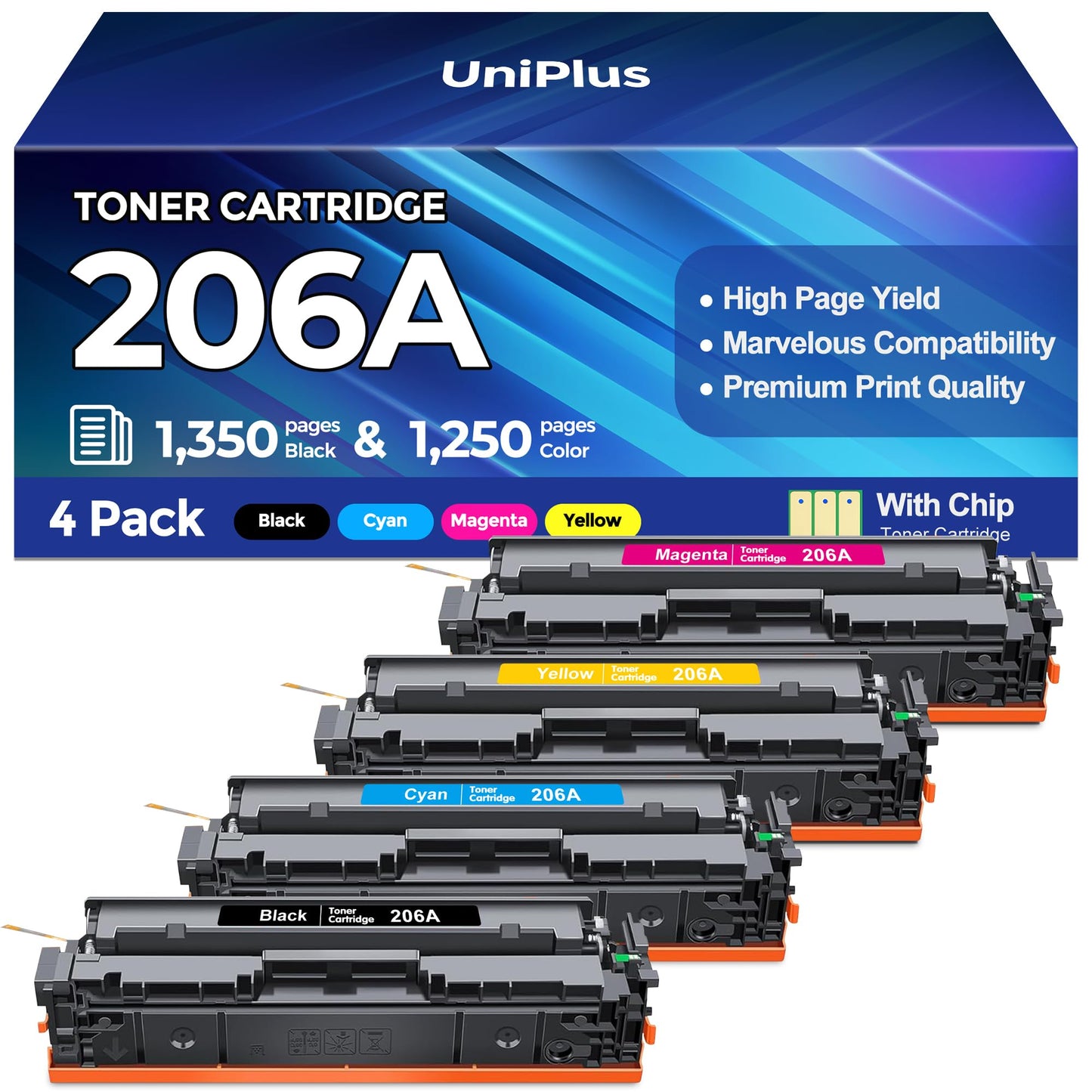 206A Toner Cartridges with Chip Compatible for HP 206A 206X W2110A W2110X for Color LaserJet Pro MFP M283fdw M283cdw M283fdn M282nw Pro M255dw M255nw M283 M255 Printer High Yield 4 Pack