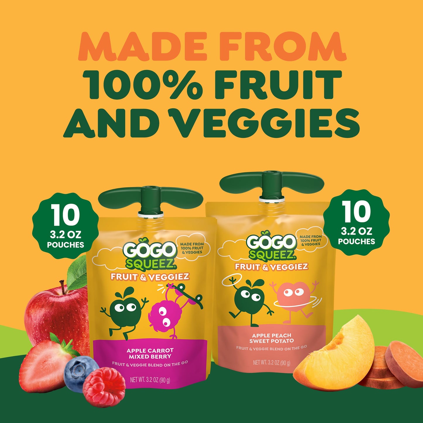 GoGo squeeZ No Sugar Added Fruit & veggieZ Applesauce and Puree Variety Pack, Jurassic Pear, Roarrrr Berry & Prehistoric Peach, 3.2 oz Pouches (Pack of 20), Fruit Snacks for Kids, Gluten Free, Nut Free, Recloseable Cap, BPA Free
