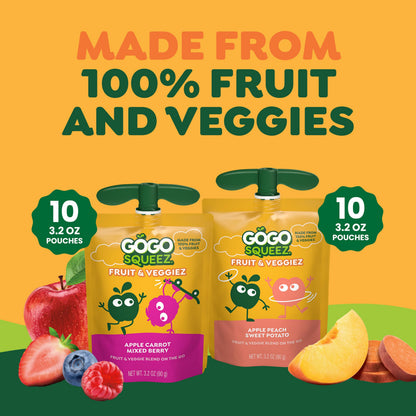 GoGo squeeZ No Sugar Added Fruit & veggieZ Applesauce and Puree Variety Pack, Jurassic Pear, Roarrrr Berry & Prehistoric Peach, 3.2 oz Pouches (Pack of 20), Fruit Snacks for Kids, Gluten Free, Nut Free, Recloseable Cap, BPA Free