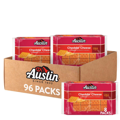 Austin Cheddar Cheese Flavored Sandwich Crackers, Lunch Snacks (12 Trays, 96 Packs)