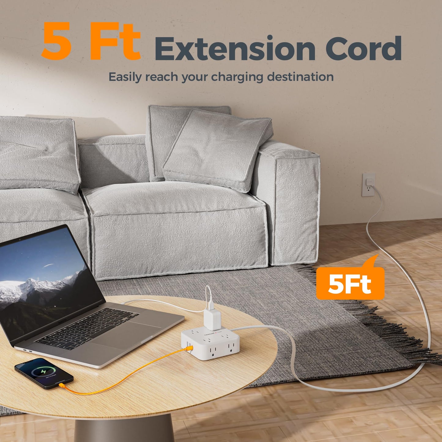 TESSAN Surge Protector Power Strip, 5 Ft Flat Plug Extension Cord with 3 USB (1 USB C) 8 Outlets, 1250W, 900J Protection, 3 Sided Outlet Extender with Power Switch for Office, Dorm Room, Grey