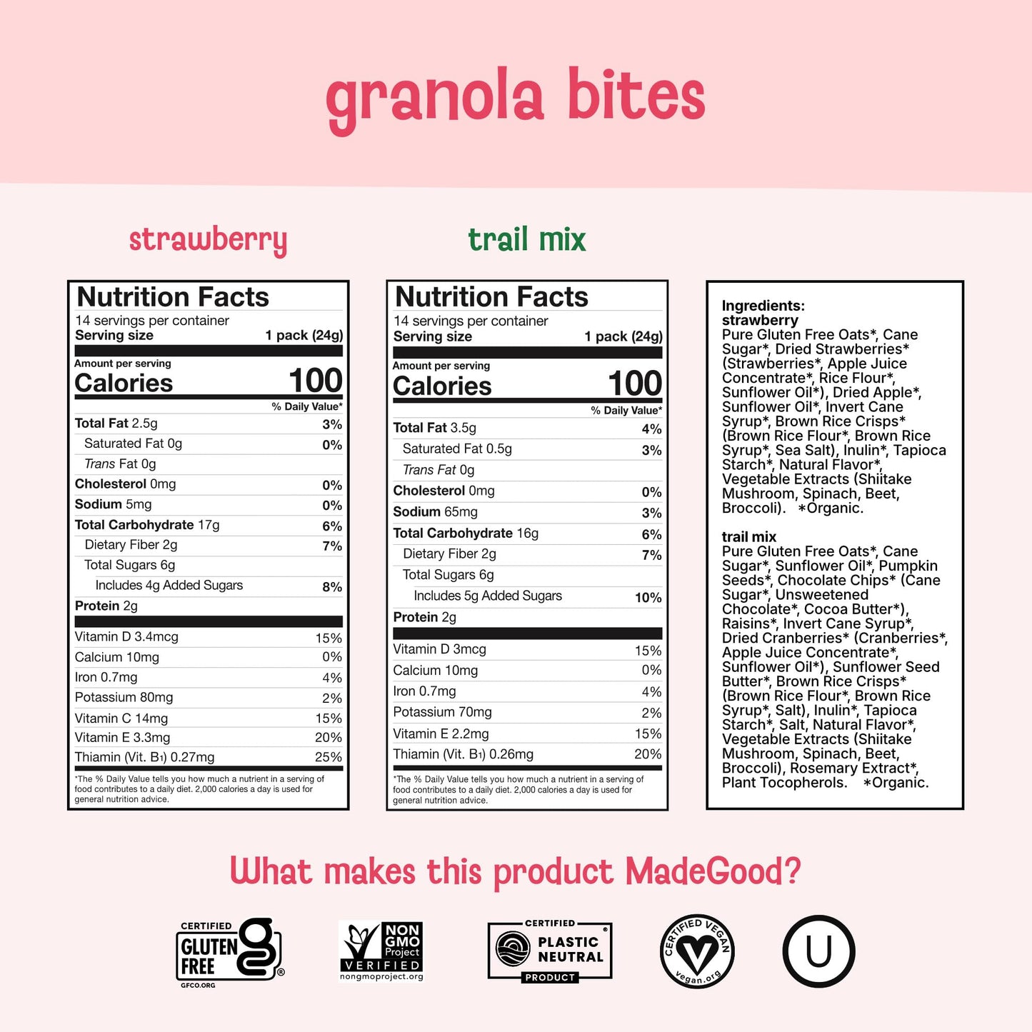 MadeGood Granola Bites Chocolate Chip & Strawberry Variety Pack (28 Count) Gluten Free and Organic Snacks