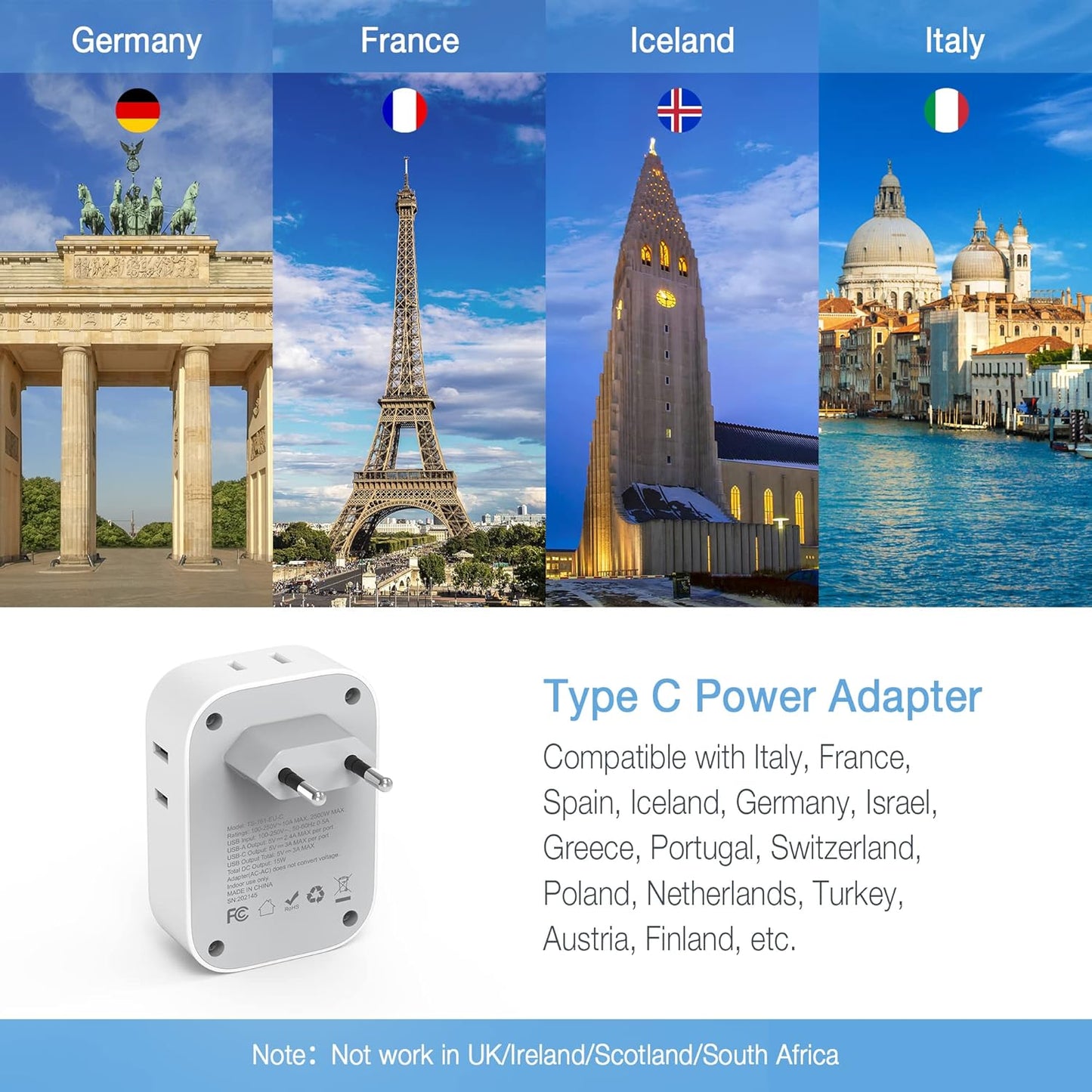 TESSAN European Travel Plug Adapter with 4 AC 3 USB (1 USB C PD 20W), Foldable Plug Type C, for US to Most of EU (Spain, France, Italy, Germany, Portugal, Iceland)