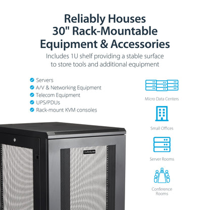 StarTech 18U Enterprise-Grade Server Rack Cabinet Kit, 19in Enclosed 4-Post Rack with Shelf and Cable Management, 29in (75cm) Mounting Depth, 992lb (450kg) Capacity