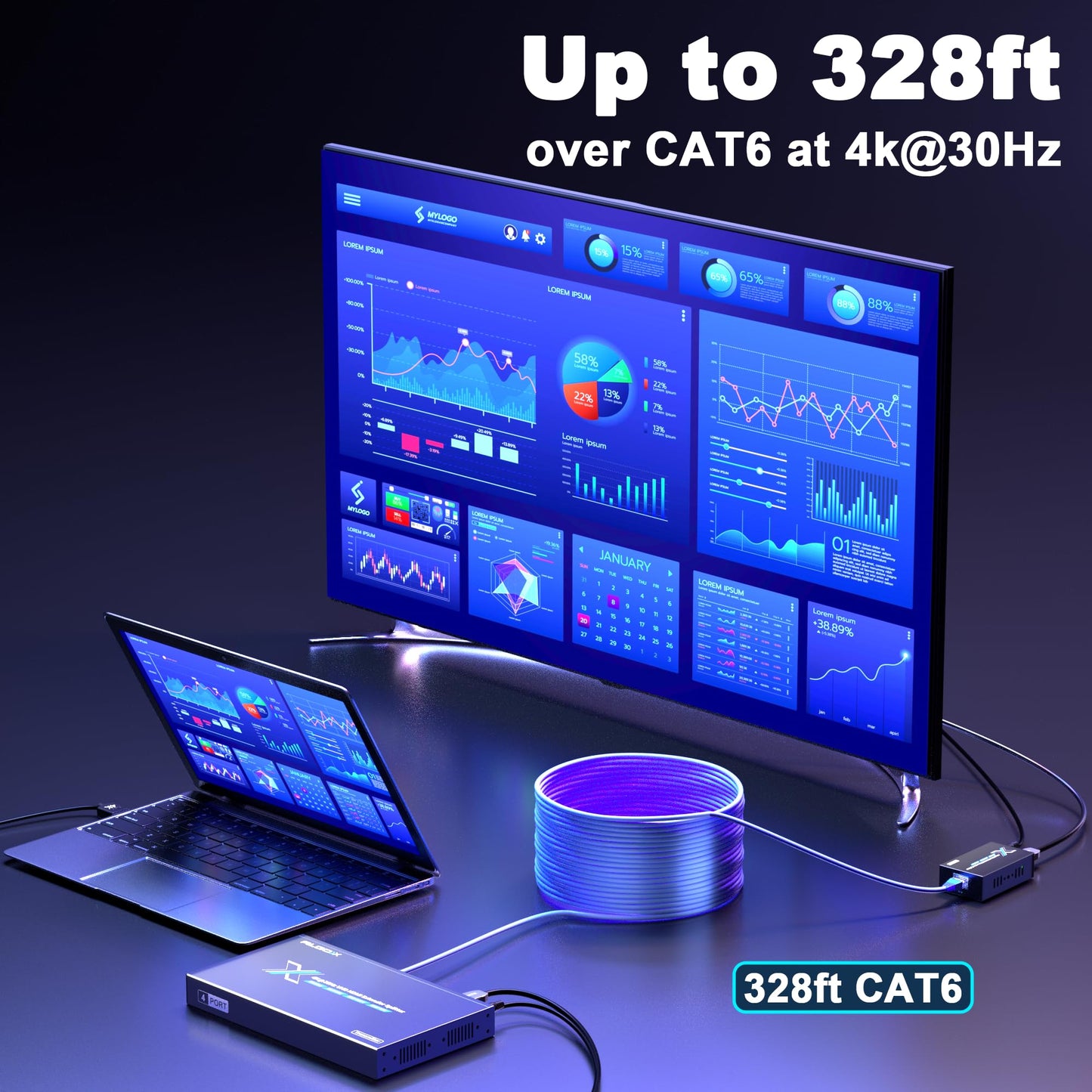 ALGOX 328ft/100m 4K@30Hz HDMI Extender Splitter 1 in 2 Out Over CAT6/6e/7(T-568B) Supports Loop Out, EDID Copy, HDR10, Dolby Vision, 3D Video, Plug and Play, Easy to Install