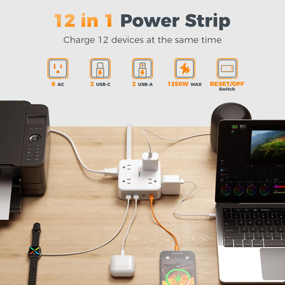 TESSAN Dual Surge Protector Power Strip, 5 Ft Extension Cord Flat Wall Plug with 4 USB (2 USB C) 8 Outlets, 2100J Surge Protection, 20W Multiple Charging Station for Home, Office, College, Dorm, Grey