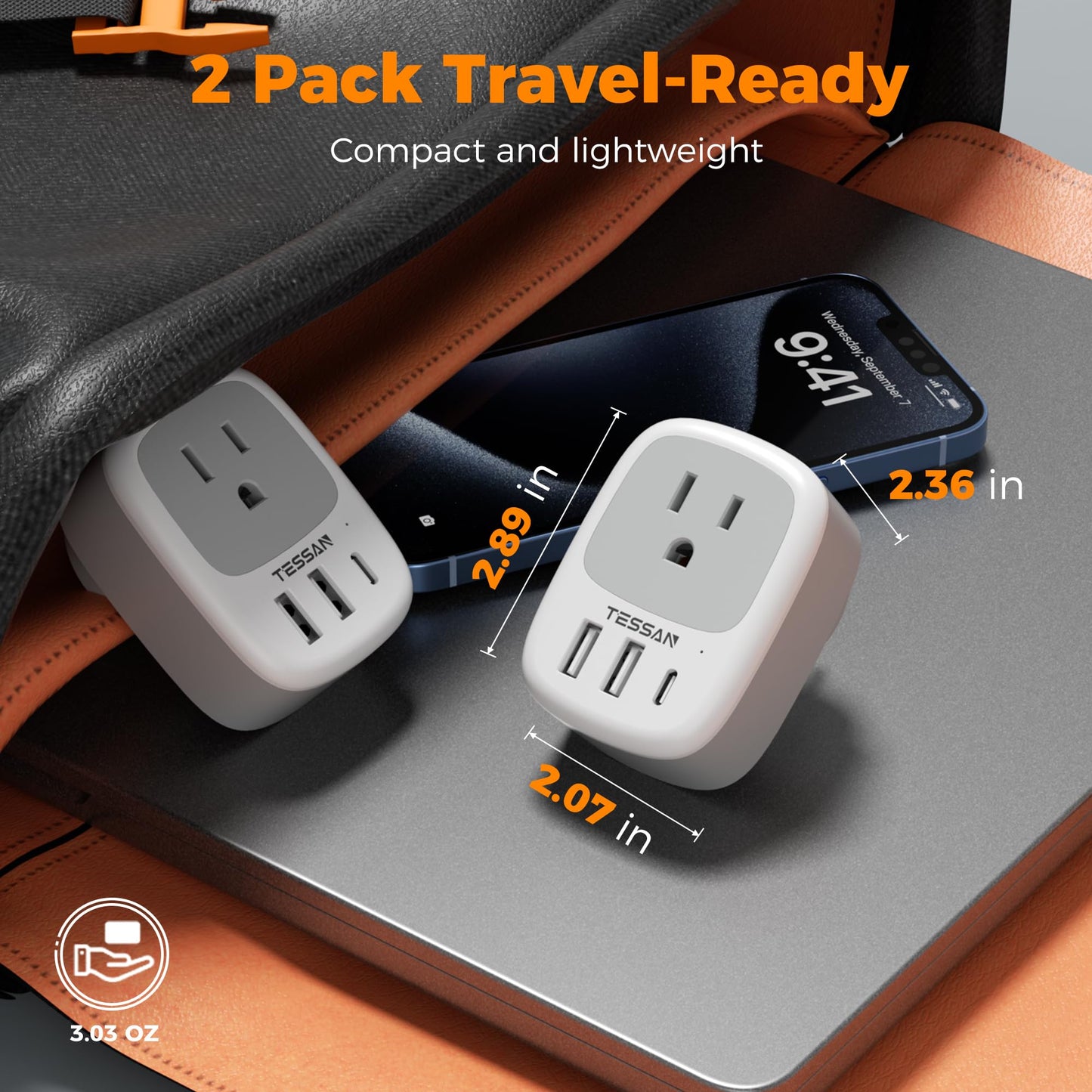 2 Pack European Travel Plug Adapter, TESSAN US to Europe Plug Adapter with 3 USB Ports (1 USB C), Type C Power Outlet for EU International Italy Iceland Spain France Germany