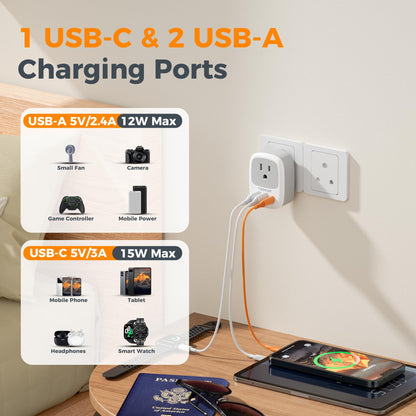 2 Pack European Travel Plug Adapter, TESSAN US to Europe Plug Adapter with 3 USB Ports (1 USB C), Type C Power Outlet for EU International Italy Iceland Spain France Germany
