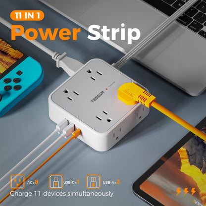 TESSAN Surge Protector Power Strip, 5 Ft Flat Plug Extension Cord with 3 USB (1 USB C) 8 Outlets, 1250W, 900J Protection, 3 Sided Outlet Extender with Power Switch for Office, Dorm Room, Grey