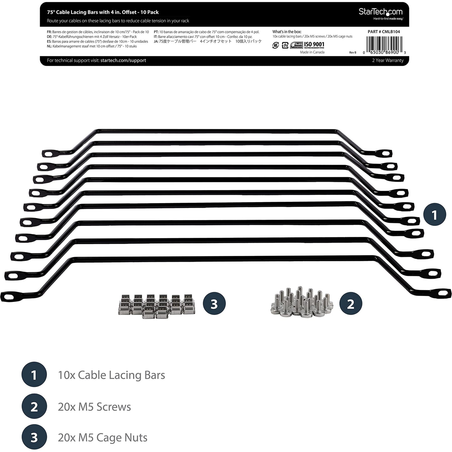 StarTech 10-Pack Horizontal Lacing Bar with 2in (5.1cm) Offset at 75 Degrees, Server Rack Cable Management, 19" Network Rack-Mount Cord Organizer, TAA