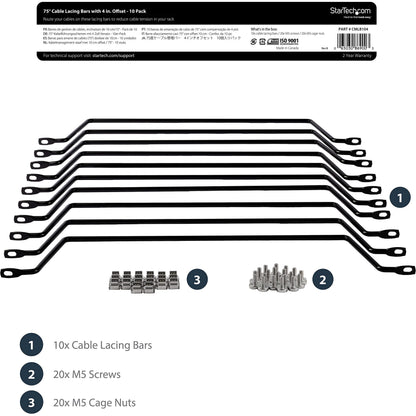 StarTech 10-Pack Horizontal Lacing Bar with 2in (5.1cm) Offset at 75 Degrees, Server Rack Cable Management, 19" Network Rack-Mount Cord Organizer, TAA
