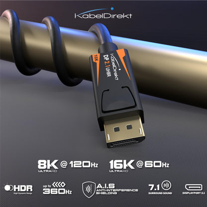 KabelDirekt – DisplayPort 2.1 Cable/16K DP 2.1 Cable – 3ft – Nylon braiding + Break-Proof Metal connectors, DP80 with 80Gbps for Gaming PC/Monitor, FreeSync/G-Sync, for 16K@60Hz, 8K@120Hz, 4K@240Hz