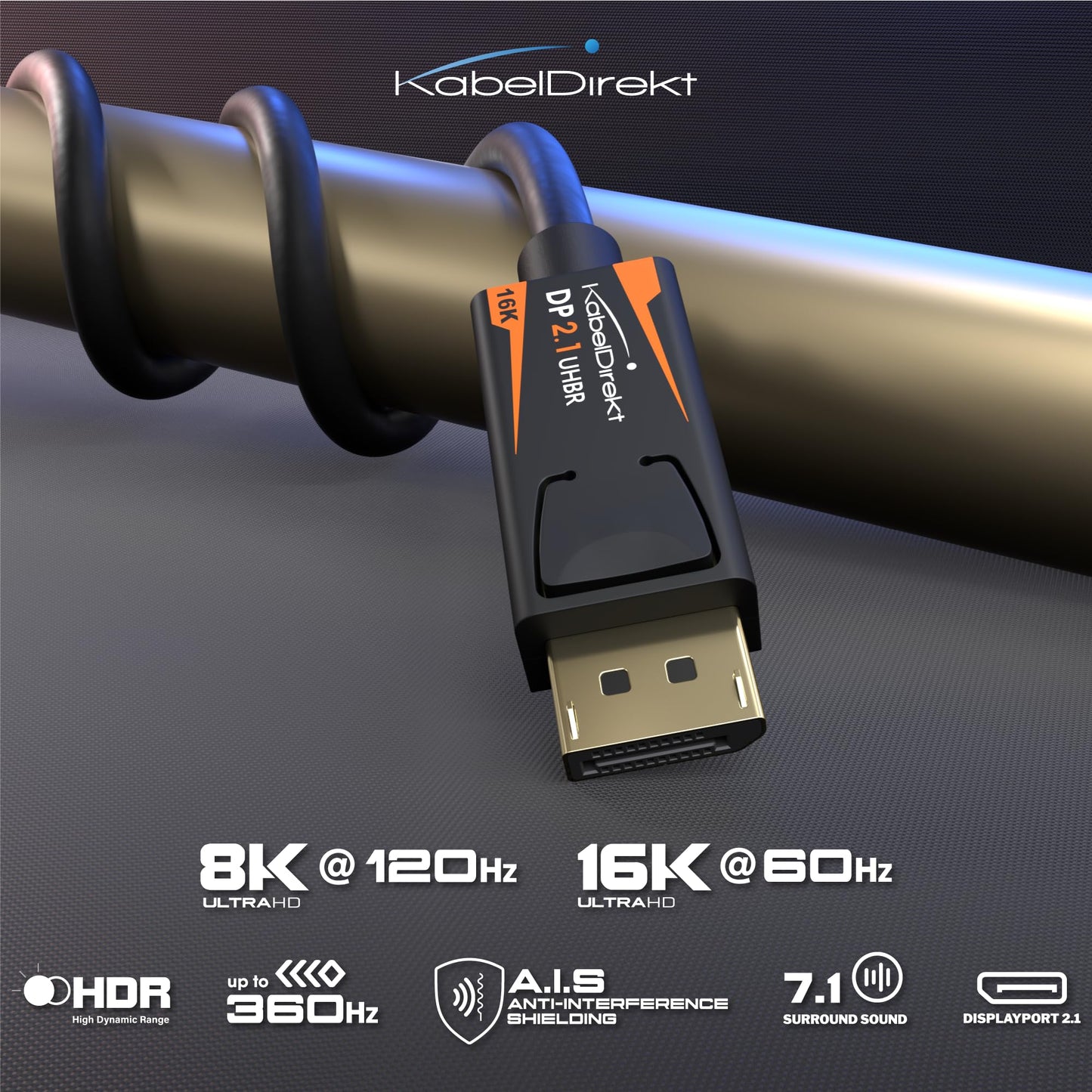 KabelDirekt – DisplayPort 2.1 Cable/16K DP 2.1 Cable – 3ft – Nylon braiding + Break-Proof Metal connectors, DP80 with 80Gbps for Gaming PC/Monitor, FreeSync/G-Sync, for 16K@60Hz, 8K@120Hz, 4K@240Hz