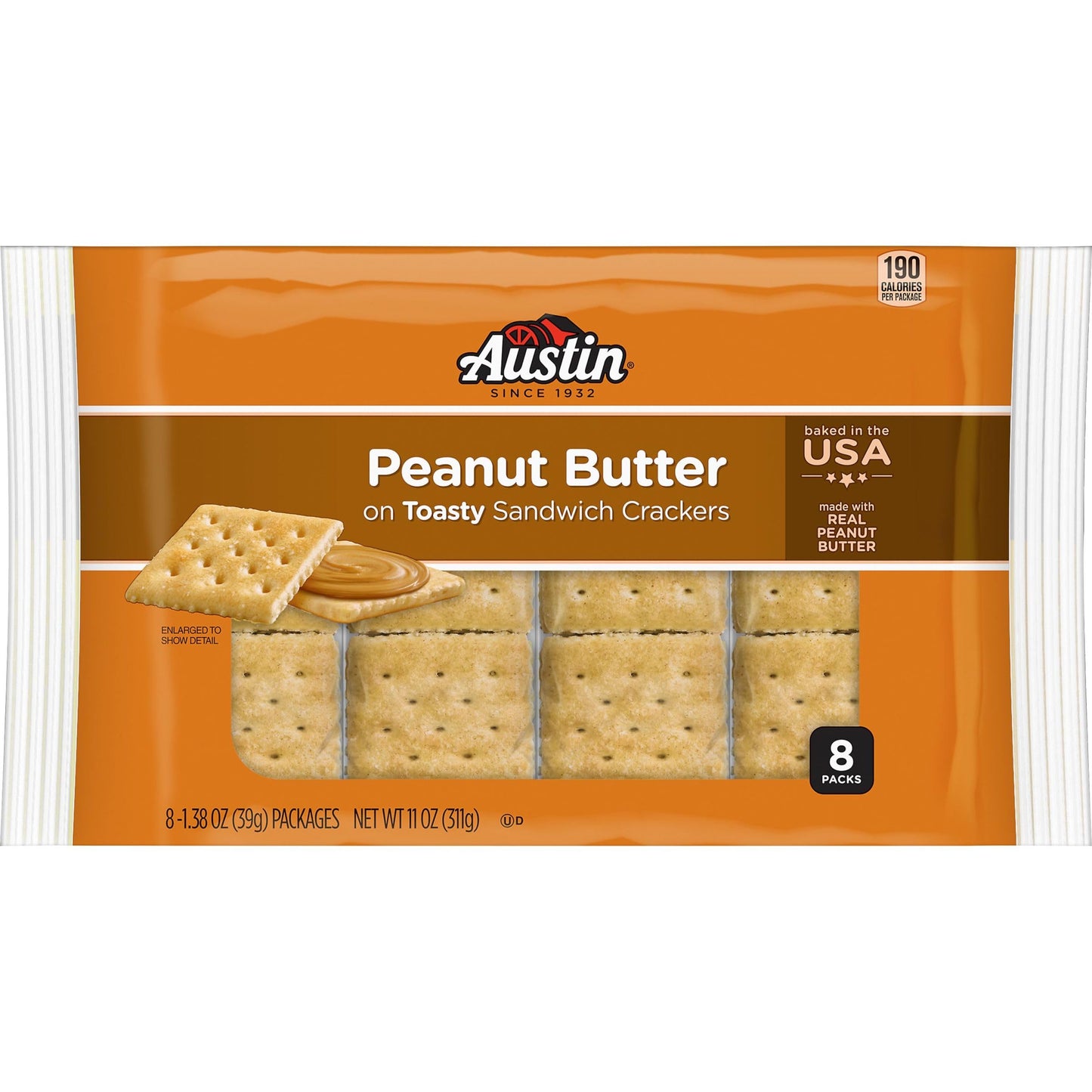 Austin Peanut Butter On Toasty Sandwich Crackers, Lunch Snacks, 11oz Tray (8 Packs)