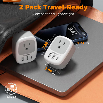 2 Pack European Travel Plug Adapter, TESSAN US to Europe Plug Adapter with 3 USB Ports (1 USB C), Type C Power Outlet for EU International Italy Iceland Spain France Germany