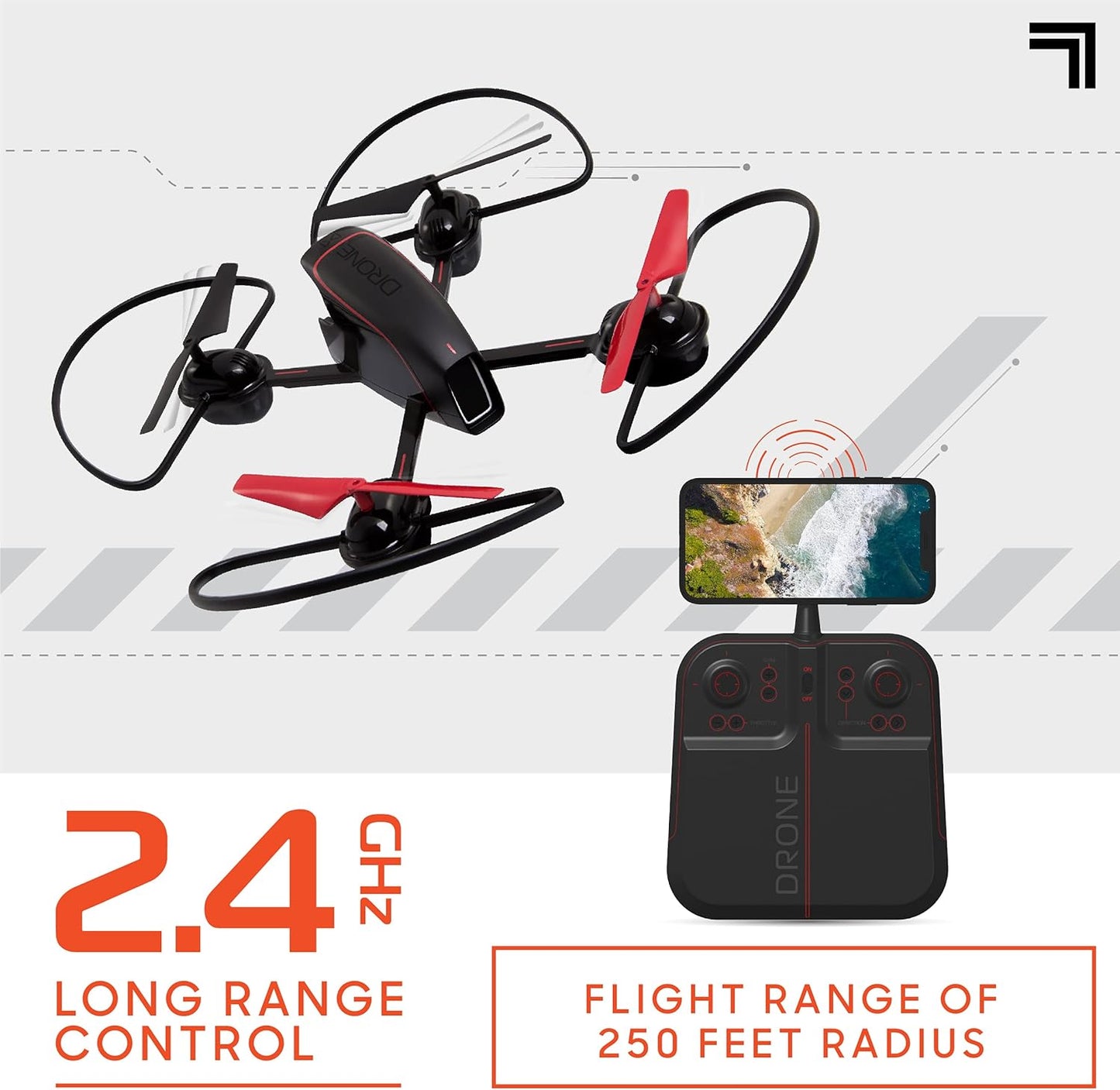 Sharper Image 10” Mach X Long Range Drone with Streaming Camera, LED Lights, 2.4 GHz, Auto-Orientation, Assisted Landing and Gyro Stabilization Control, Capture Panoramic Videos, Rechargeable Battery