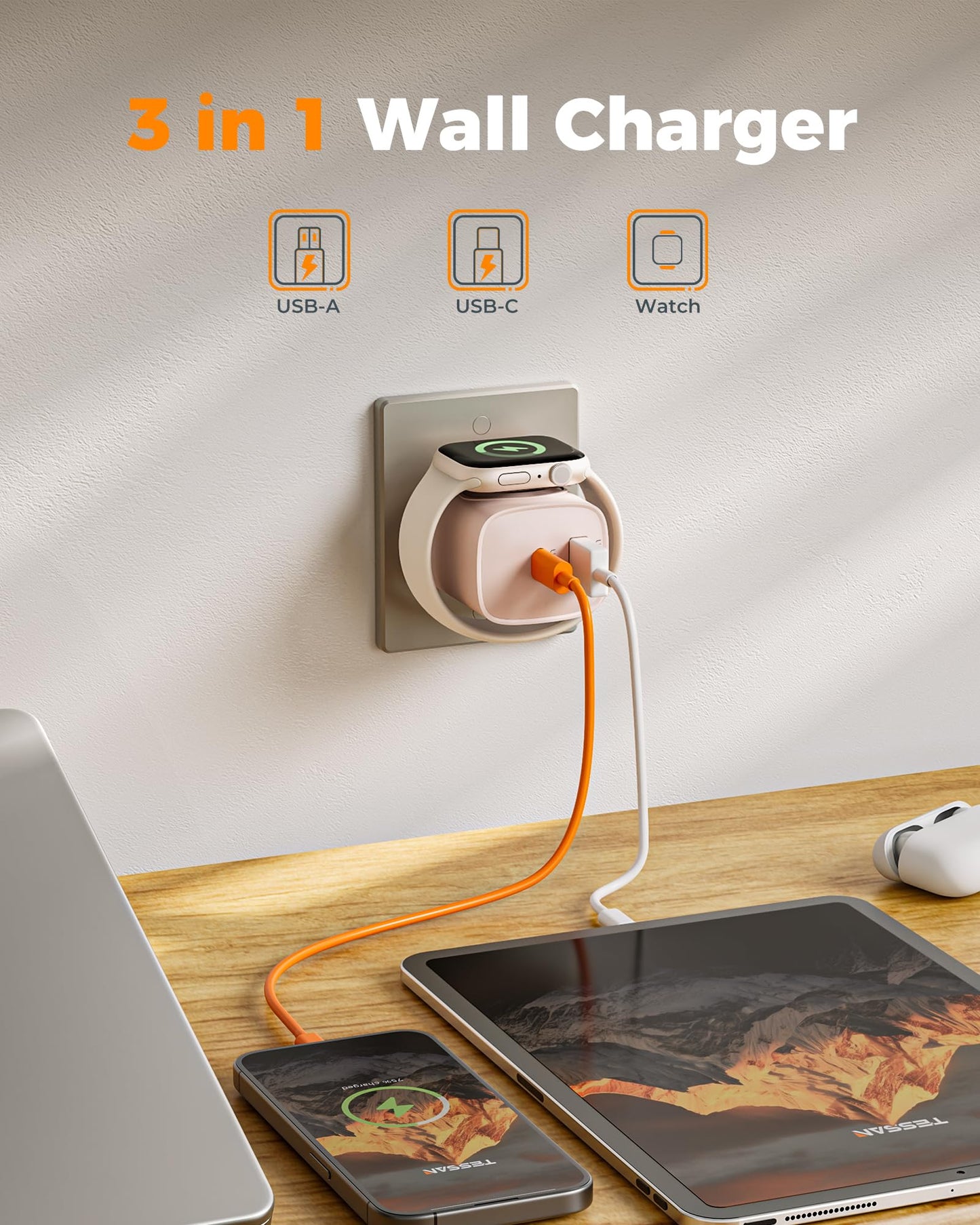 Charging Blocks for Apple Watch, 3-in-1 PD 20W USB C Charger Block with Built-in Wireless Smart Watch Charging, Dual Ports Wall Charger Compatible with iPhone,AirPods,iWatch
