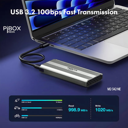 PiBOX India NVMe M2 Enclosure - Dual Protocol USB 3.2 Tool-Free Case, PCI-E Reader, USB-C, M & B+M Keys, 2230/2242/2260/2280 SSDs