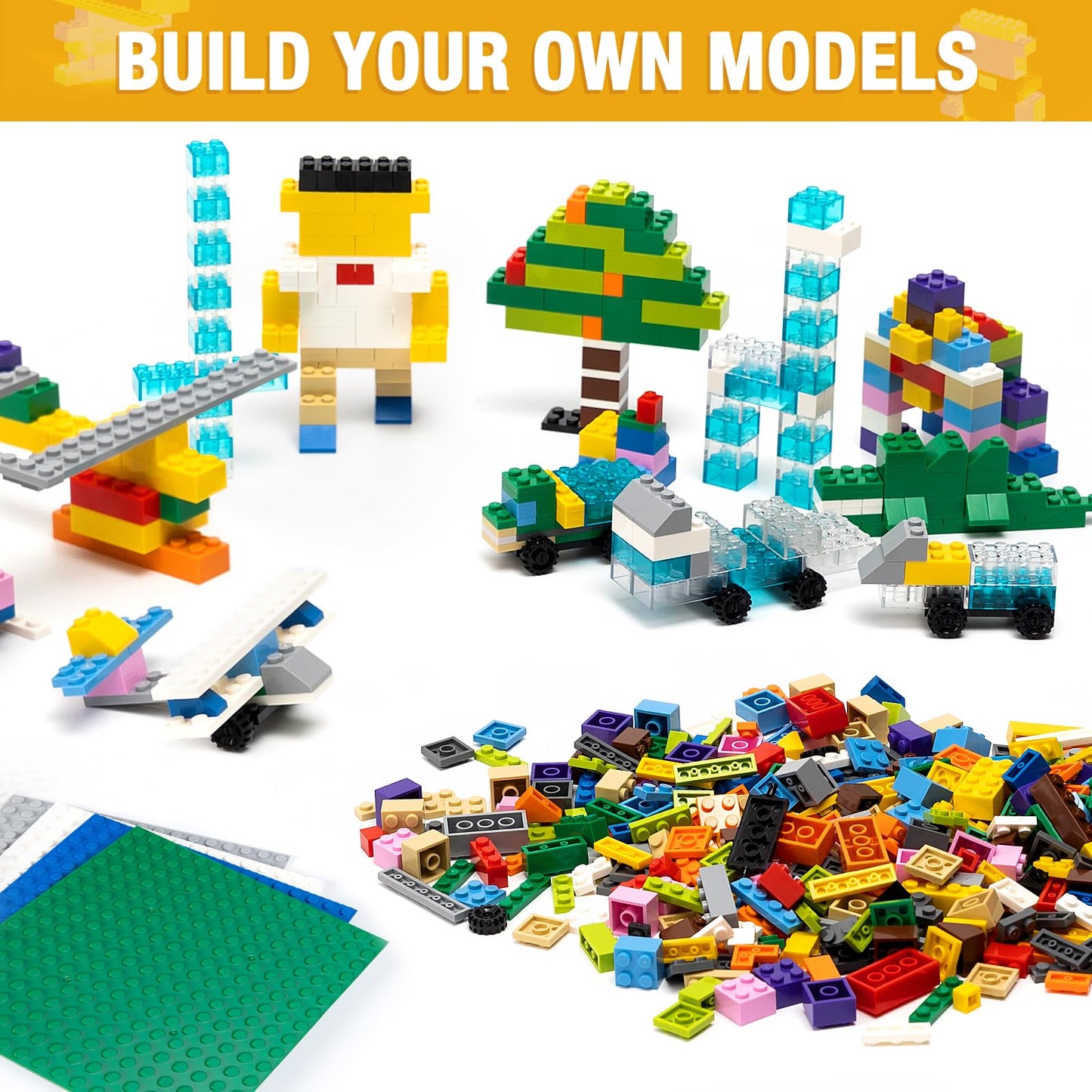 MANNIDOO 1600 Pieces Building Bricks, Building Bulk Block with 2 Packs 24x24 Studs Sticky Plate and 46PCS Wheel Accessory - Compatible with All Major Bricks, Gfits for Kid - 18 Shape/16 Colo