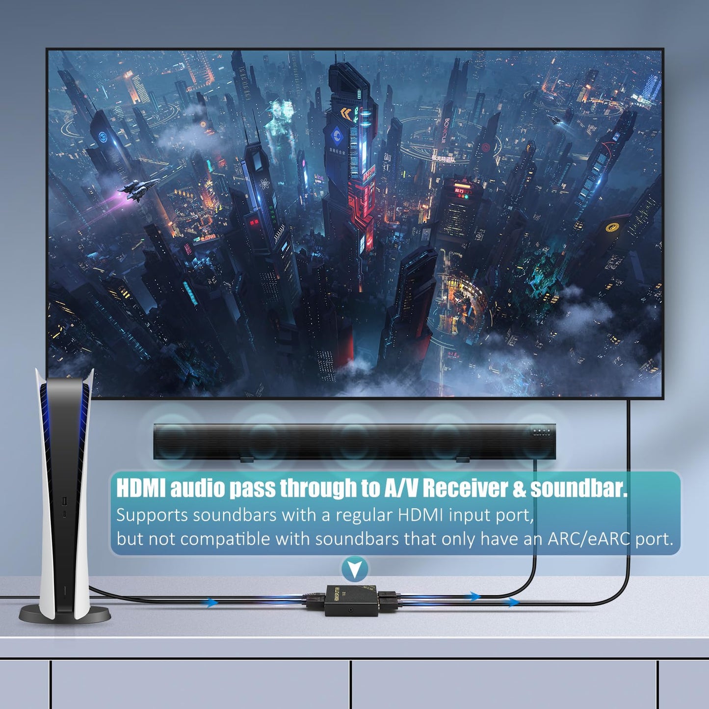 HDMI Splitter 1 in 2 Out 60Hz - HDCP Bypass 2.3, HDR, Dolby/DTS 5.1/7.1 - Compatible with Firestick 4k Max, PS3/PS5 & Elgato HD60s/x/Pro, Apple TV 4K, Retrotink, Roku Stick, NOT for Phone