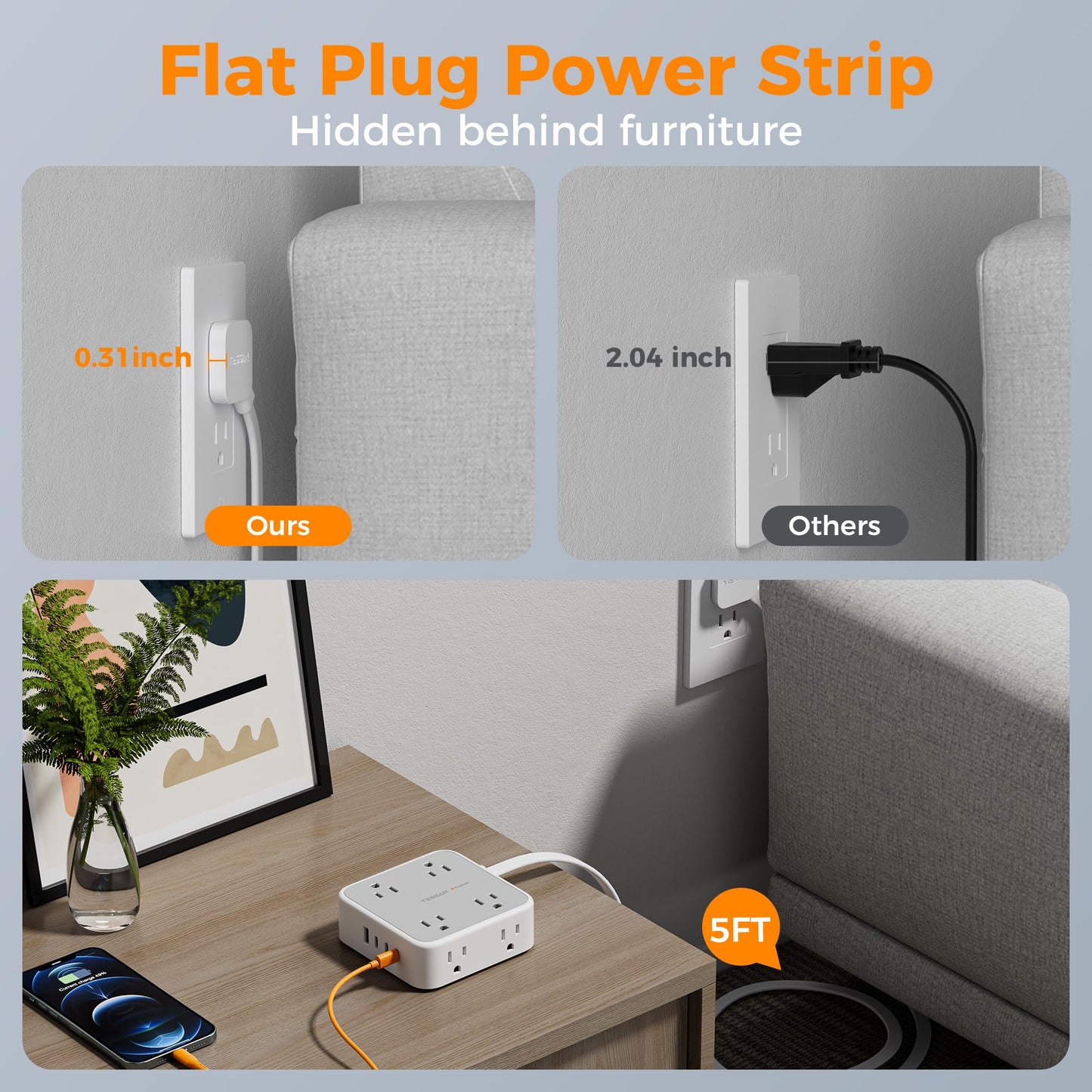TESSAN Surge Protector Power Strip, 5 Ft Flat Plug Extension Cord with 3 USB (1 USB C) 8 Outlets, 1250W, 900J Protection, 3 Sided Outlet Extender with Power Switch for Office, Dorm Room, Grey