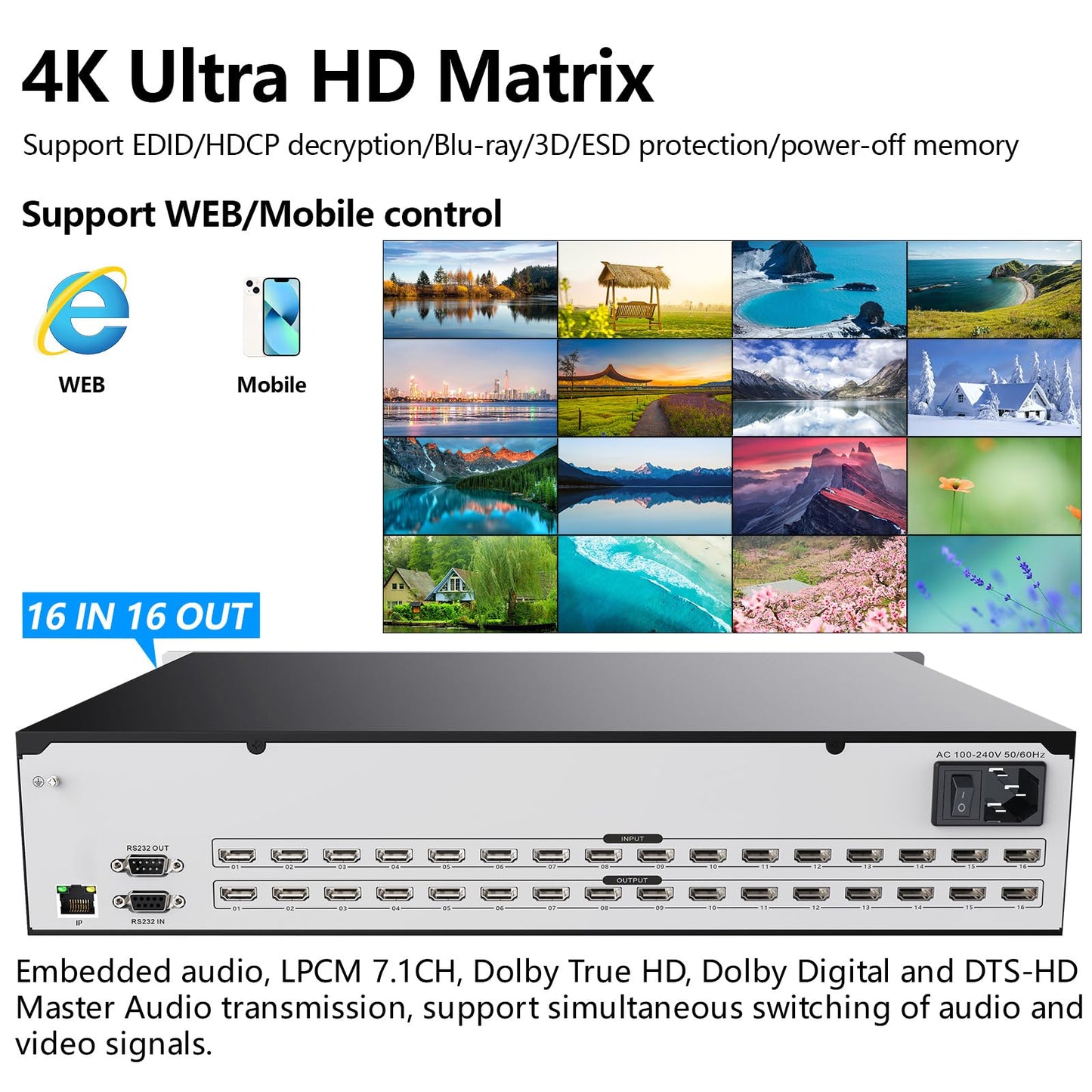 ICUIXIAN 16x16 HDMI Matrix Switch 4K@30Hz with Web GUI+LAN Port+Rs232 Control, Rack Mount HDMI Matrix 16x16 Support EDID, HDCP, Backlit Button, LED Screen Display (16 hdmi switcher 1x16 Splitter)