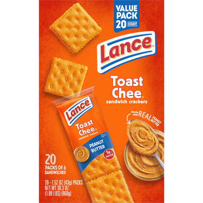 Lance Sandwich Crackers, Variety Pack, 3 Flavors, 20 Individually Wrapped Packs, 6 Sandwiches Each