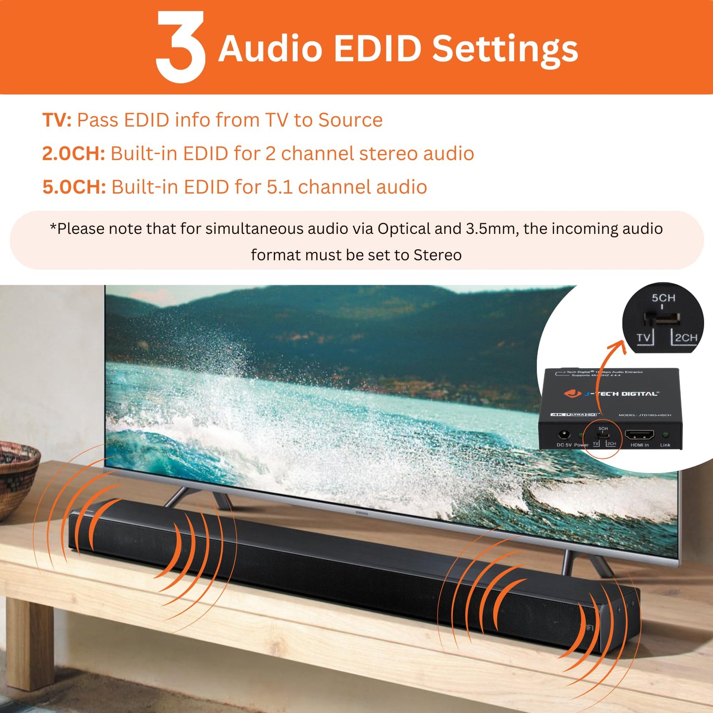 J-Tech Digital Premium Quality 1080P HDMI To HDMI + Audio (SPDIF + RCA Stereo) Audio Extractor Converter (JTDAT5CH)