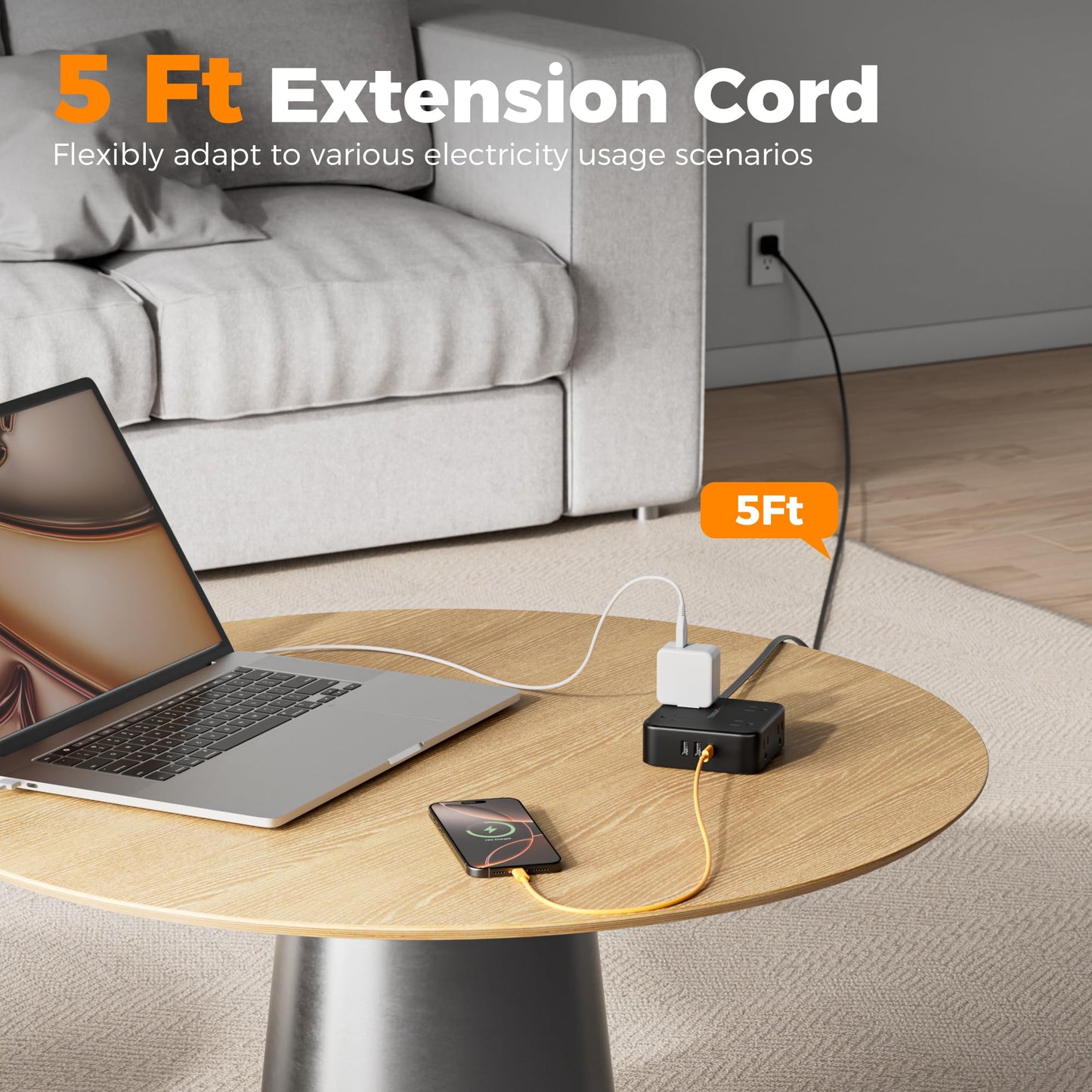 TESSAN Surge Protector Power Strip, 5 Ft Flat Plug Extension Cord with 3 USB (1 USB C) 8 Outlets, 1250W, 900J Protection, 3 Sided Outlet Extender with Power Switch for Office, Dorm Room, Grey