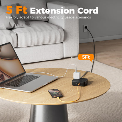 TESSAN Surge Protector Power Strip, 5 Ft Flat Plug Extension Cord with 3 USB (1 USB C) 8 Outlets, 1250W, 900J Protection, 3 Sided Outlet Extender with Power Switch for Office, Dorm Room, Grey