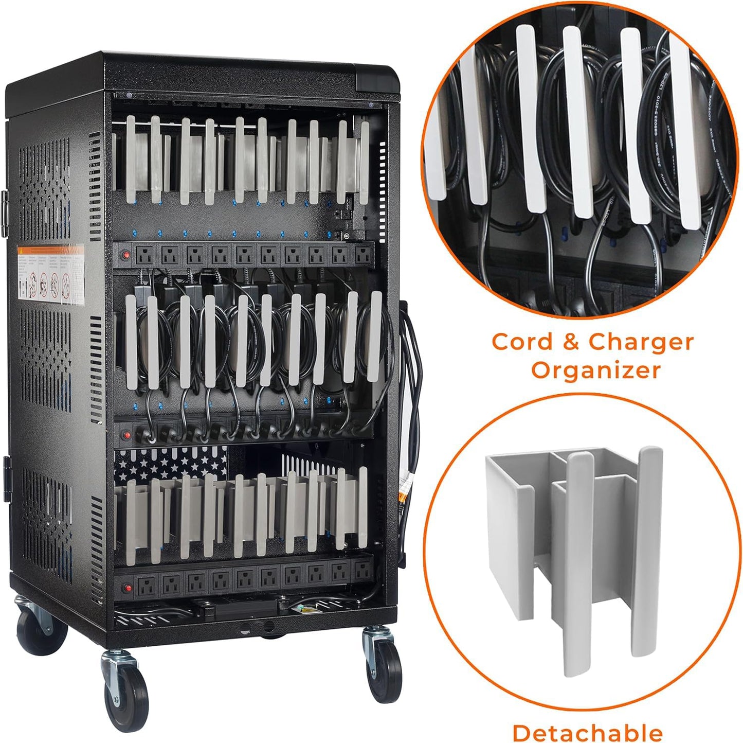 Fully Assembled 30 Bay Mobile Charging and Storage Cart for iPad, Chromebook and Laptop Computer with Keypad Lock,Up to 14-inch Screen Size,Surge Protection,Front & Back Access Locking Cabinet (Black)