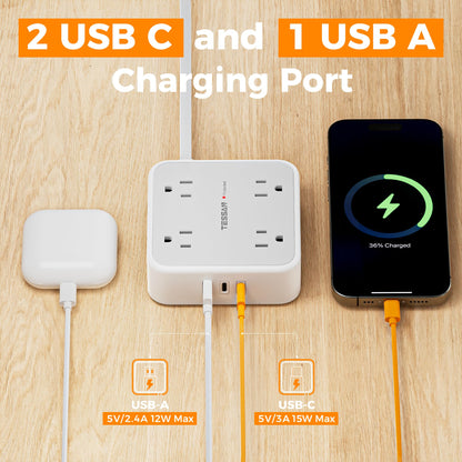 TESSAN Surge Protector Power Strip, 5 Ft Flat Plug Extension Cord with 3 USB (1 USB C) 8 Outlets, 1250W, 900J Protection, 3 Sided Outlet Extender with Power Switch for Office, Dorm Room, Grey