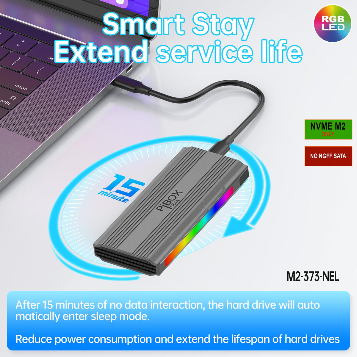 PiBOX India NVMe M2 Enclosure - Dual Protocol USB 3.2 Tool-Free Case, PCI-E Reader, USB-C, M & B+M Keys, 2230/2242/2260/2280 SSDs