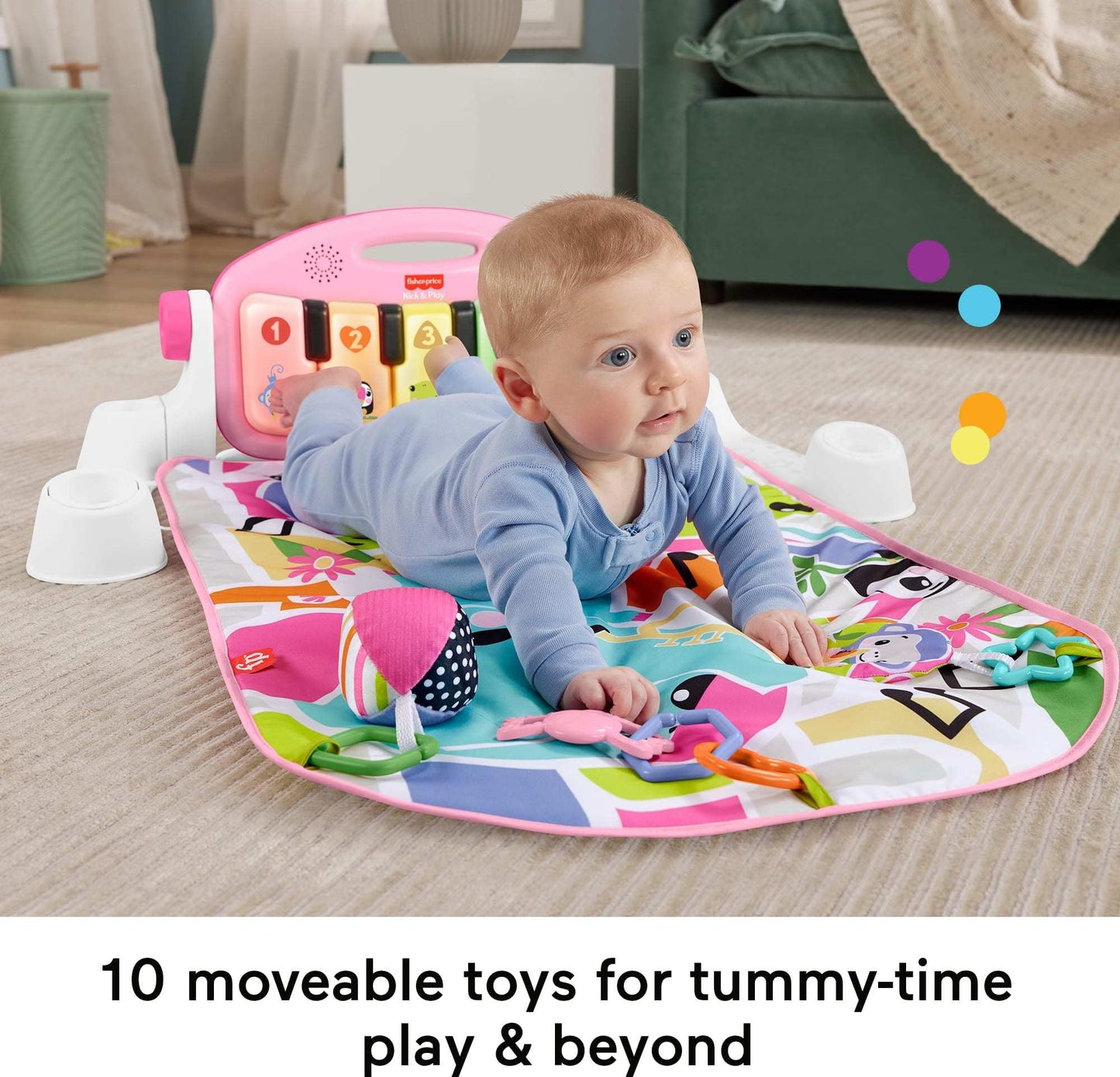 Fisher-Price Baby Playmat Glow and Grow Kick & Play Piano Gym, Blue Musical Learning Toy with Developmental Activities for Newborns 0+ Months