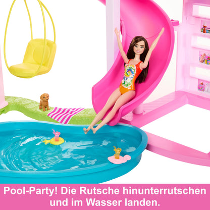 Barbie Dreamhouse, Pool Party Doll House with 75+ Pieces and 3-Story Slide, House Playset, Pet Elevator and Puppy Play Areas