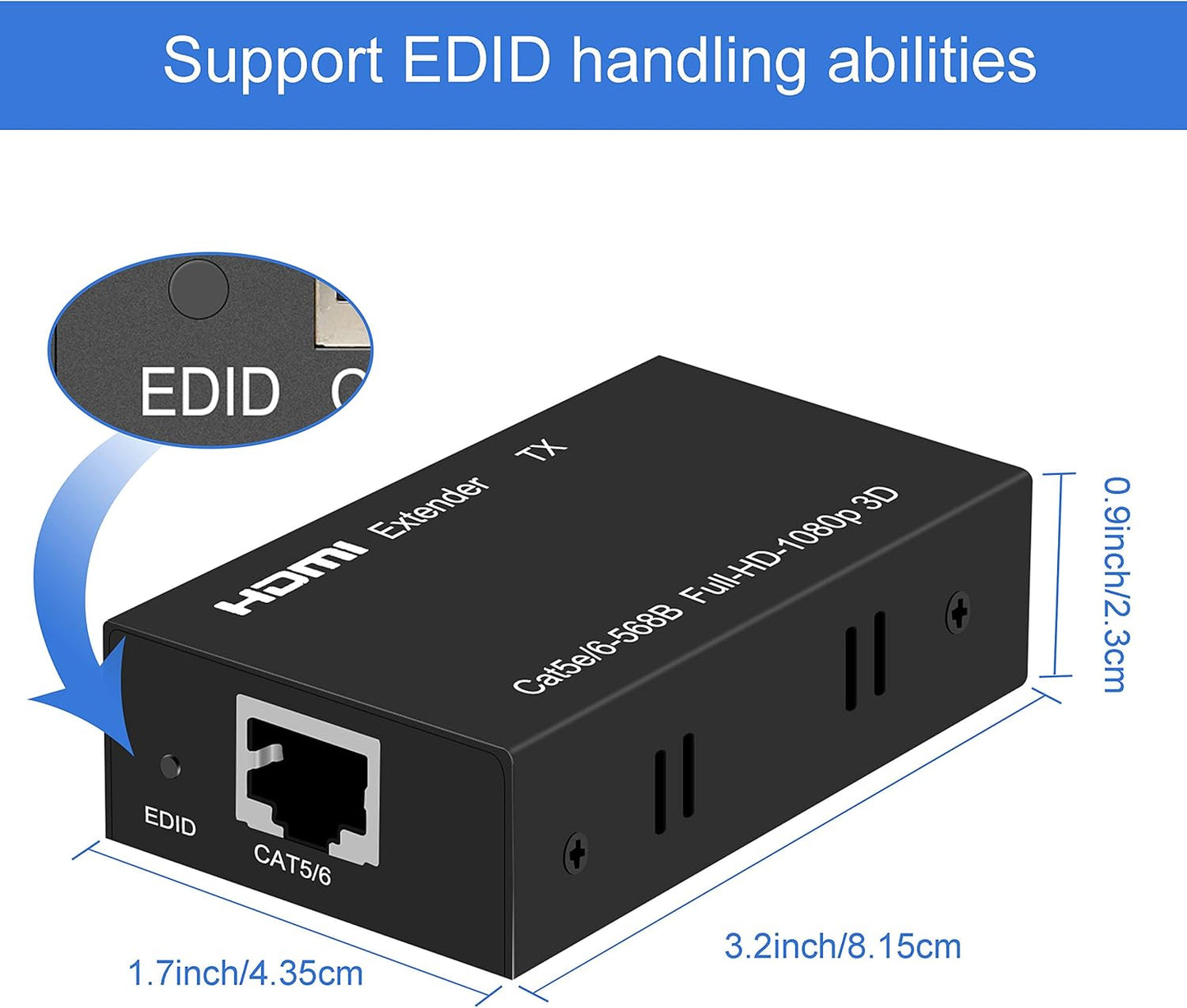 HDMI Extender Over Cat5e/6/7 Ethernet 1080p Up to 196ft HDMI Balun Sender Transmitter Receiver Support EDID and POC Function 3D HDCP